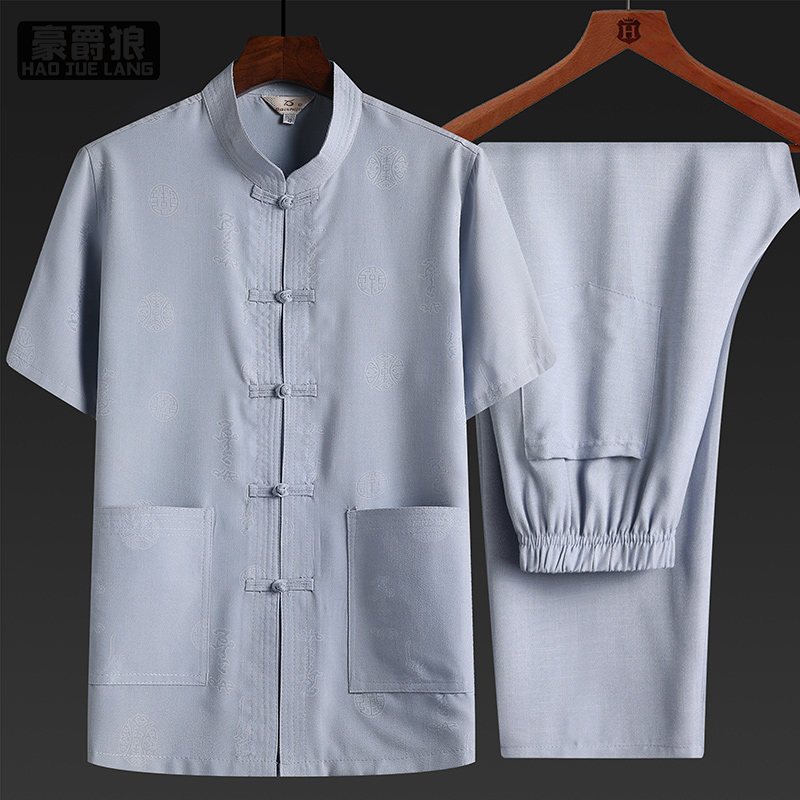13626918.唐装男士中老年人爸爸装夏季休闲爷爷棉麻汉服中国风短袖两件套装