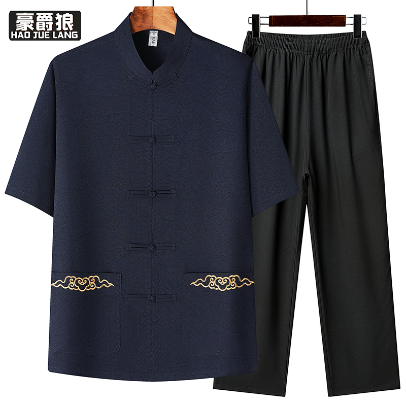 13627033.中老年人夏装短袖休闲套装爷爷爸爸夏季衣服男士中国风唐装