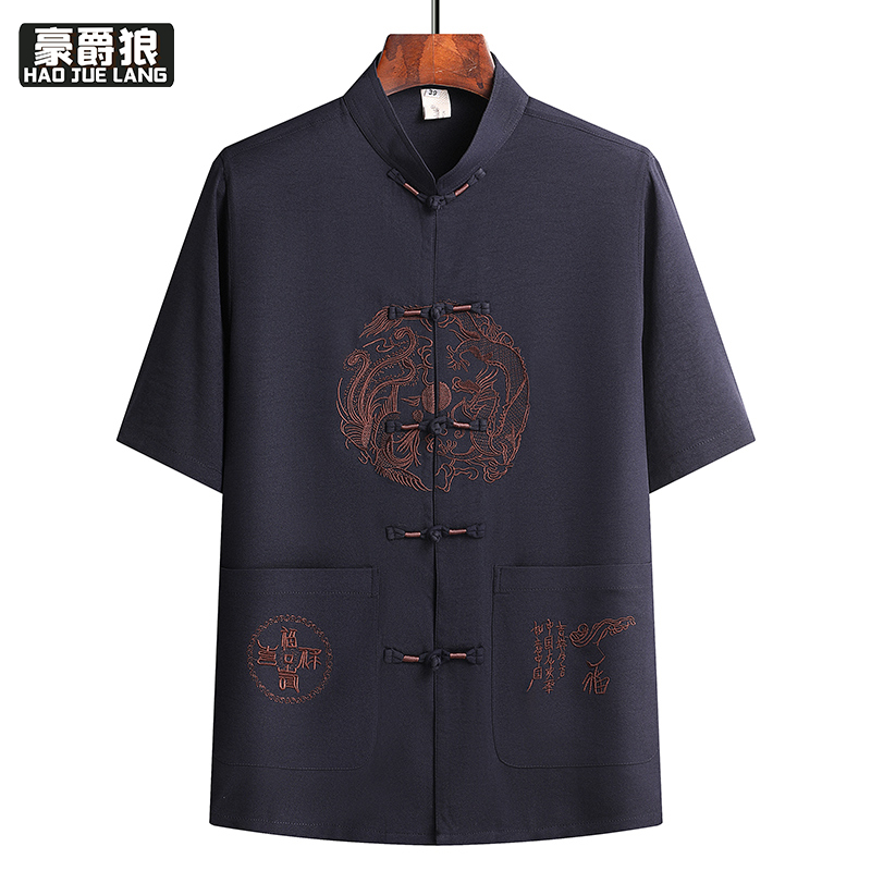 13626943.唐装男中老年夏季冰丝短袖衬衫上衣中国风刺绣爸爸休闲大码爷爷装