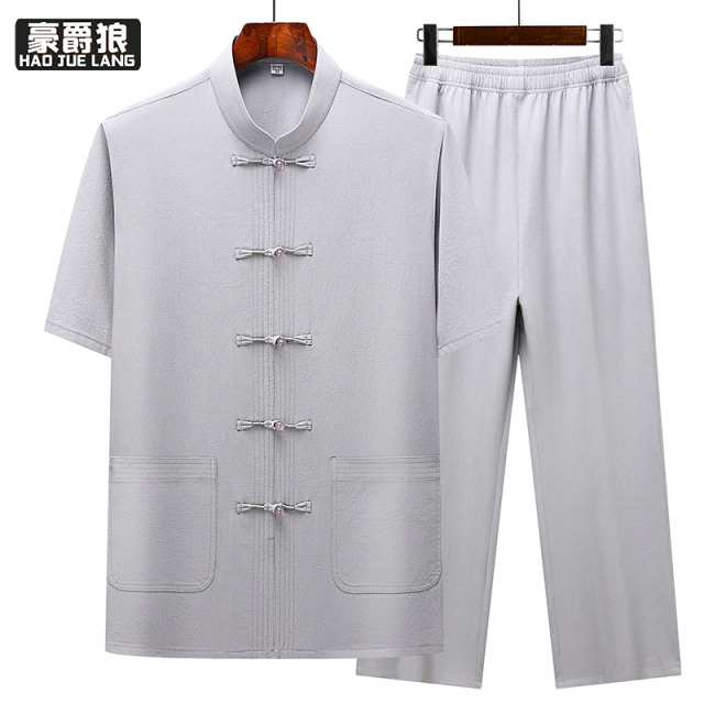 13627077.唐装男士夏季爸爸短袖套装中国风立领父亲装中式衣服老人爷爷汉服