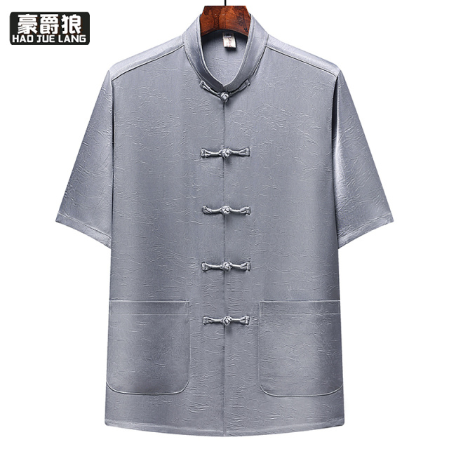 13627054.唐装男款中老年爸爸装短袖上衣中国风父亲装中式冰丝老人爷爷衬衫