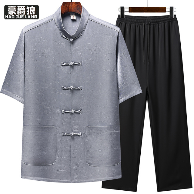 13626927.夏季薄款中老年冰丝绸短袖唐装男士爸爸中国风休闲衬衫套装