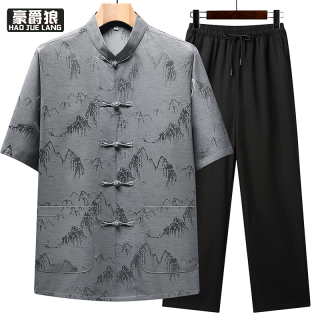 13627042.唐装男中老年人爸爸夏季两件套装中式国风婚宴爷爷短袖衣服60岁70