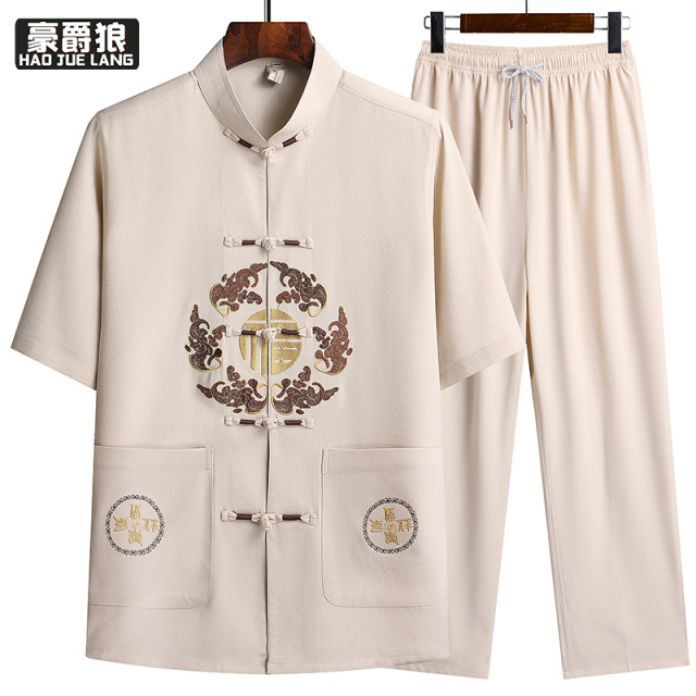 13626938.中老年人唐装男冰丝短袖爸爸夏装中国风套装爷爷衣服复古晨练汉服