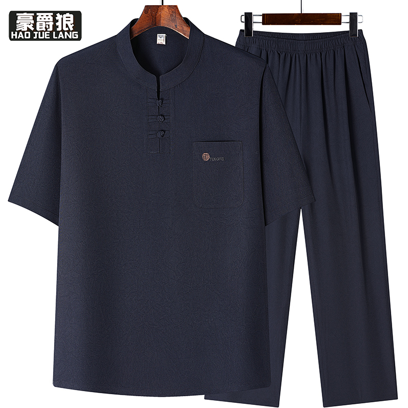 13626949.爸爸夏装冰丝套装中国风唐装男中老年人夏季短袖T恤休闲爷爷衣服