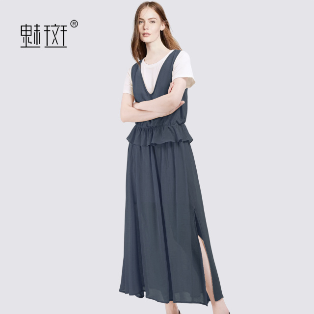 13630629.魅斑假两件上衣开叉半身裙两件套套装