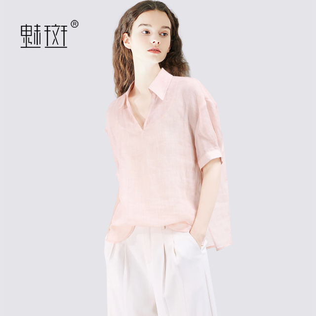 13630617.魅斑苎麻天丝透气薄款短袖衬衫粉色衬衣