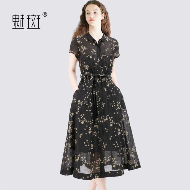 13630605.魅斑天丝印花衬衫连衣裙中长款裙子