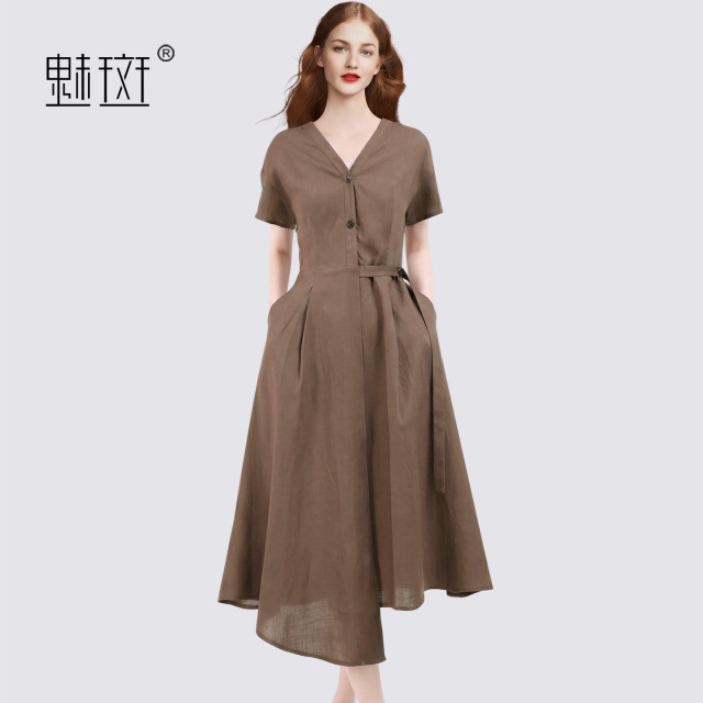 13630618.魅斑不规则侧边系带短袖连衣裙V领短袖裙子