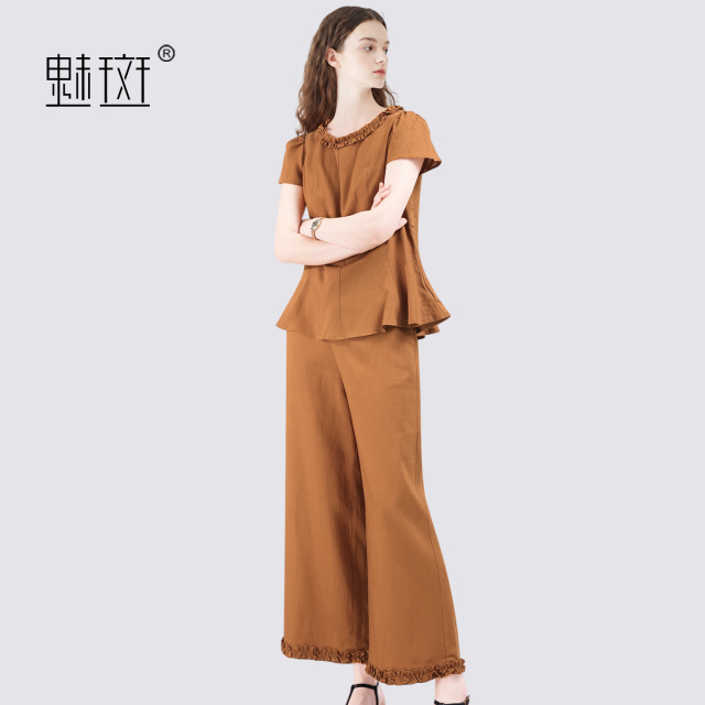 13630627.魅斑天丝亚麻短袖阔腿裤套装圆领花边