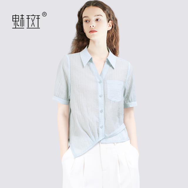 13630601.魅斑浅蓝色Polo领短袖衬衫衬衣