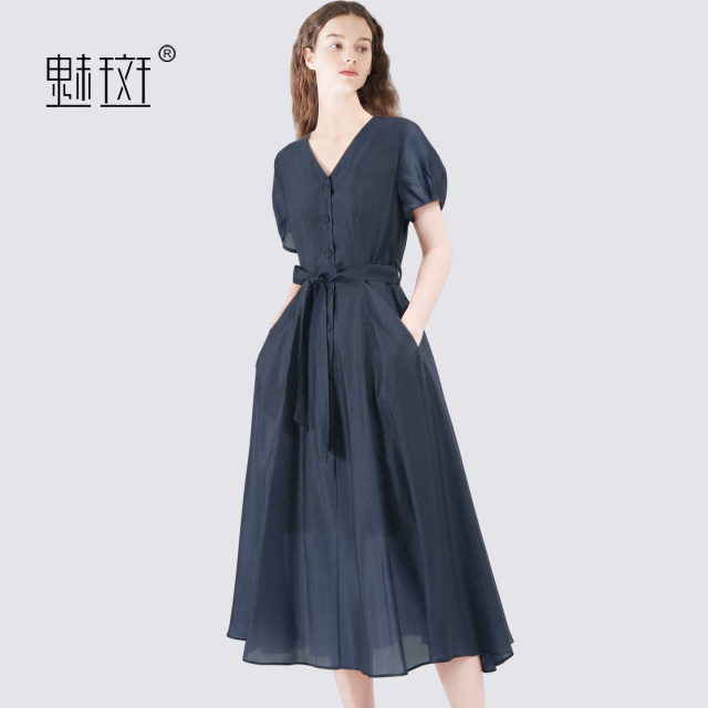 13630607.魅斑连衣裙V领短袖A字裙