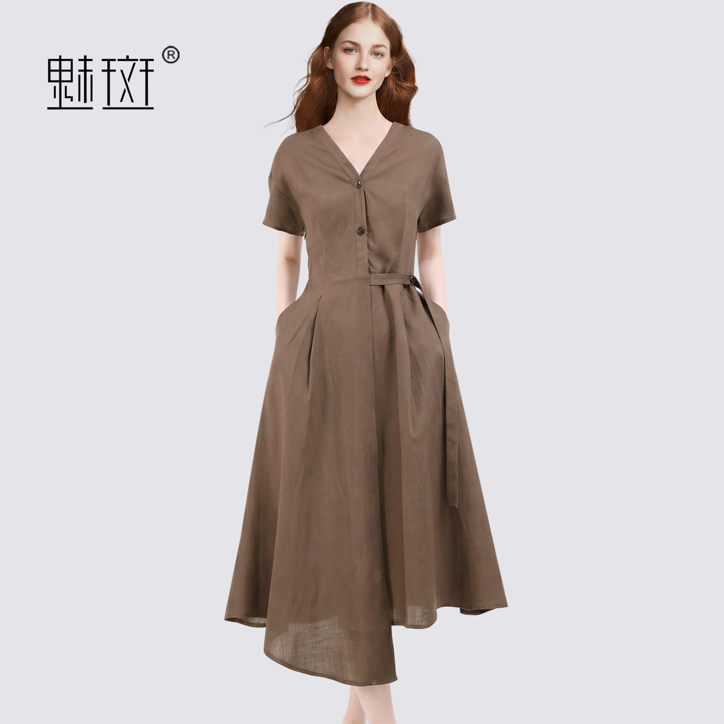 13630618.魅斑不规则侧边系带短袖连衣裙V领短袖裙子
