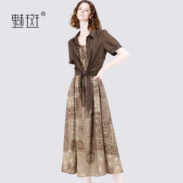 13630597.魅斑吊带裙苎麻天丝外搭套装