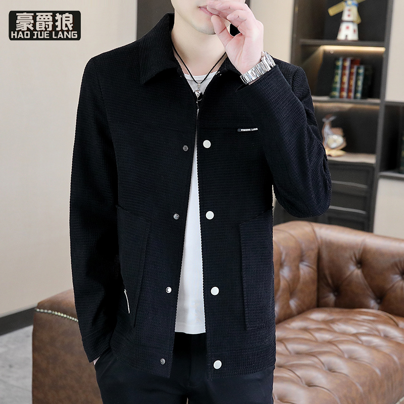 13633609.男士华夫格翻领外套春秋季新款潮流休闲工装外套修身秋装上衣