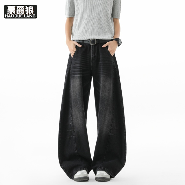 13633597.美式水洗弯刀牛仔裤男士夏季新款拼接复古潮流宽松休闲直筒长裤