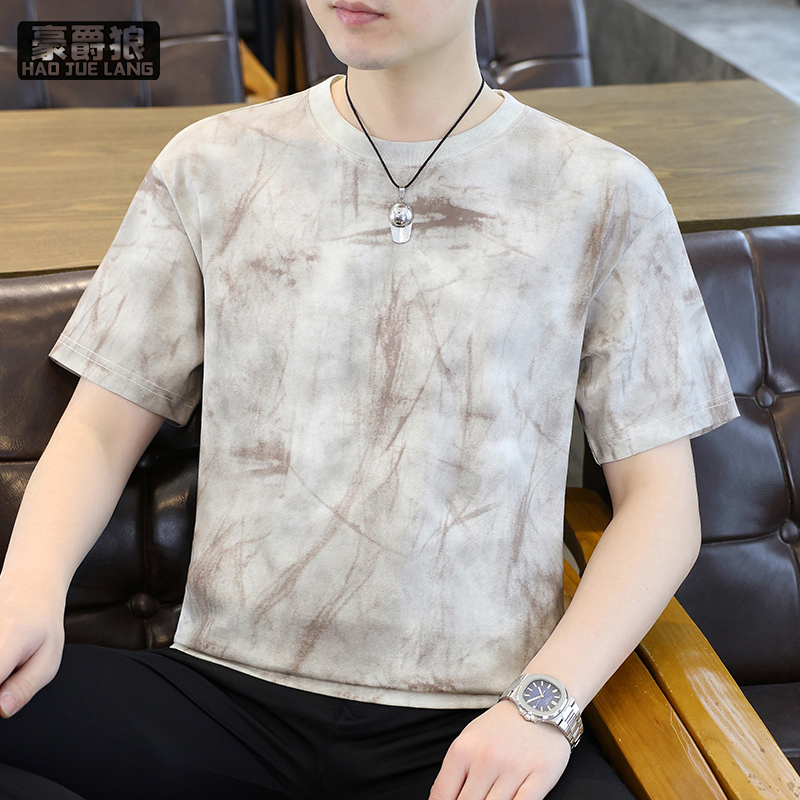13633587.复古扎染短袖T恤男夏季新款设计感圆领半袖凉感修身百搭休闲上衣