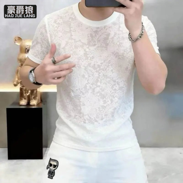 13633555.高档提花短袖冰丝T恤男弹力透气圆领时尚欧洲站体恤老钱风百搭T恤