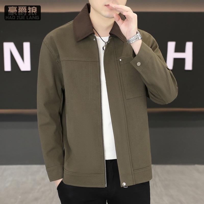 13633593.工装风翻领夹克男士春秋新款军绿色休闲外套男高级感通勤百搭上衣