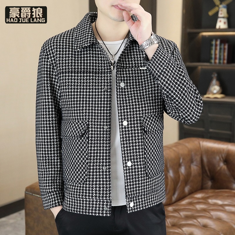 13633541.春秋千鸟格外套男士小香风短款大衣薄款时尚百搭休闲夹克男