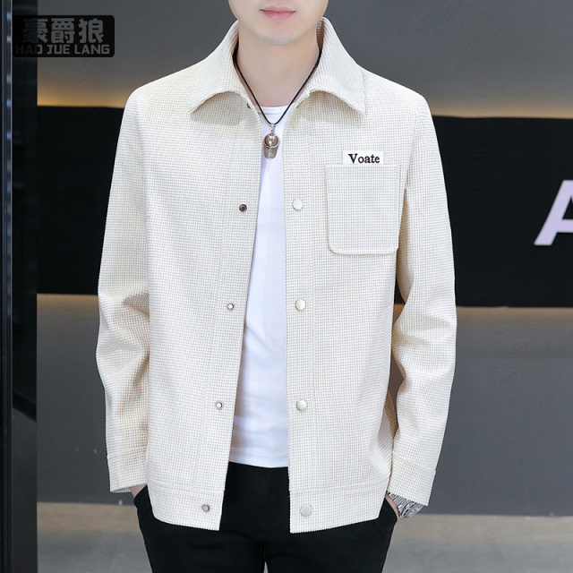 13633608.高端翻领华夫格夹克男春秋新款潮牌休闲刺绣男士宽松防风薄款外套