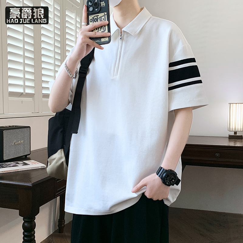 13633567.半拉链polo衫男士夏季冰丝短袖t恤潮牌拼接上衣高级青年翻领体恤