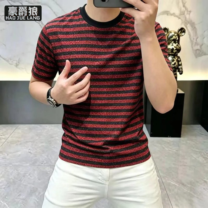 13633553.夏季高档冰丝条纹男士短袖透气百搭休闲镂空T恤男提花圆领潮