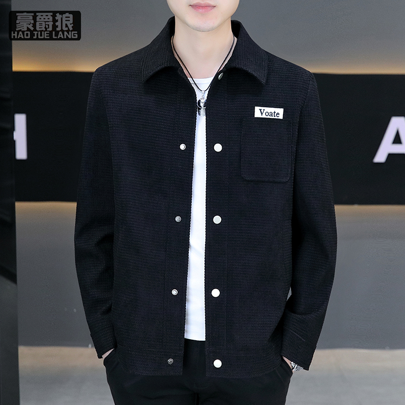 13633608.高端翻领华夫格夹克男春秋新款潮牌休闲刺绣男士宽松防风薄款外套