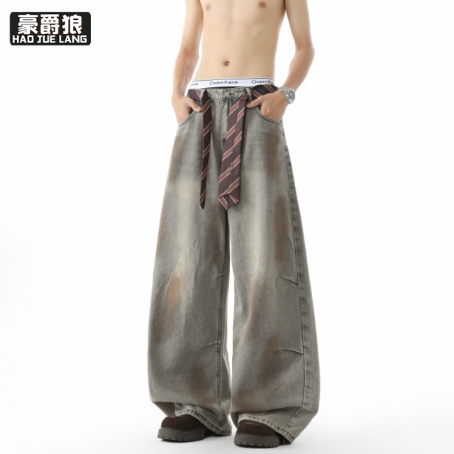 13633549.美式复古弯刀裤做旧水洗牛仔裤男女潮牌痞帅百搭宽松休闲阔腿裤