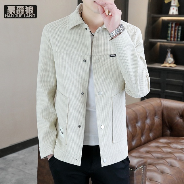 13633609.男士华夫格翻领外套春秋季新款潮流休闲工装外套修身秋装上衣