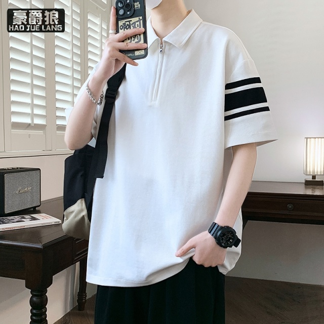 13633567.半拉链polo衫男士夏季冰丝短袖t恤潮牌拼接上衣高级青年翻领体恤