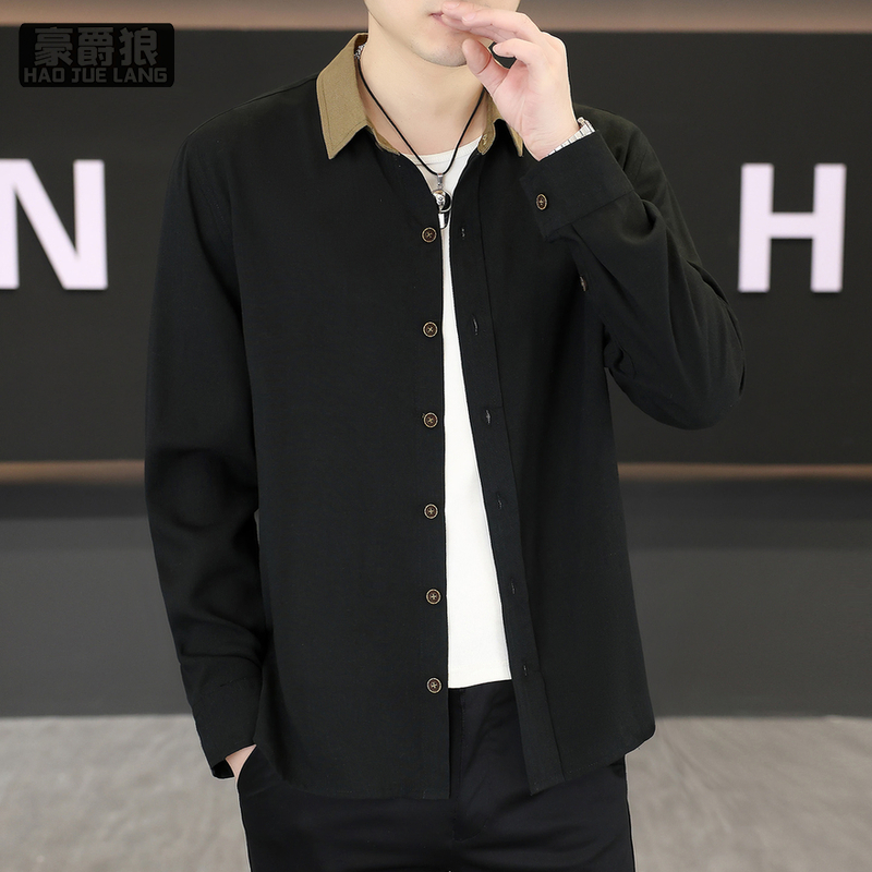 13633519.青年修身翻领棉麻长袖薄款衬衫春季男士休闲韩版潮流衬衣春夏上衣