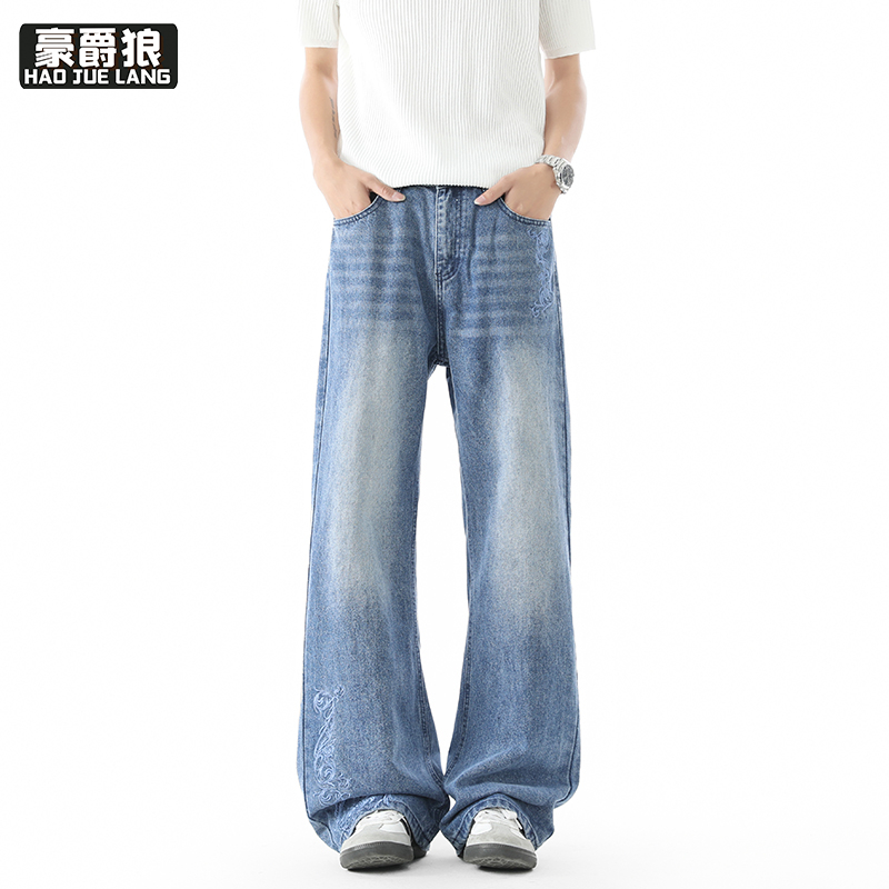 13633595.浅色宽松直筒牛仔裤男生水洗美式复古牛仔裤大码潮牌男士休闲裤子
