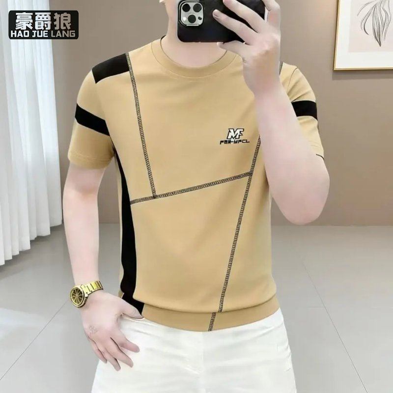 13633564.夏季拼接撞色圆领半袖体恤衫男士潮流休闲风运动短袖T恤刺绣上衣