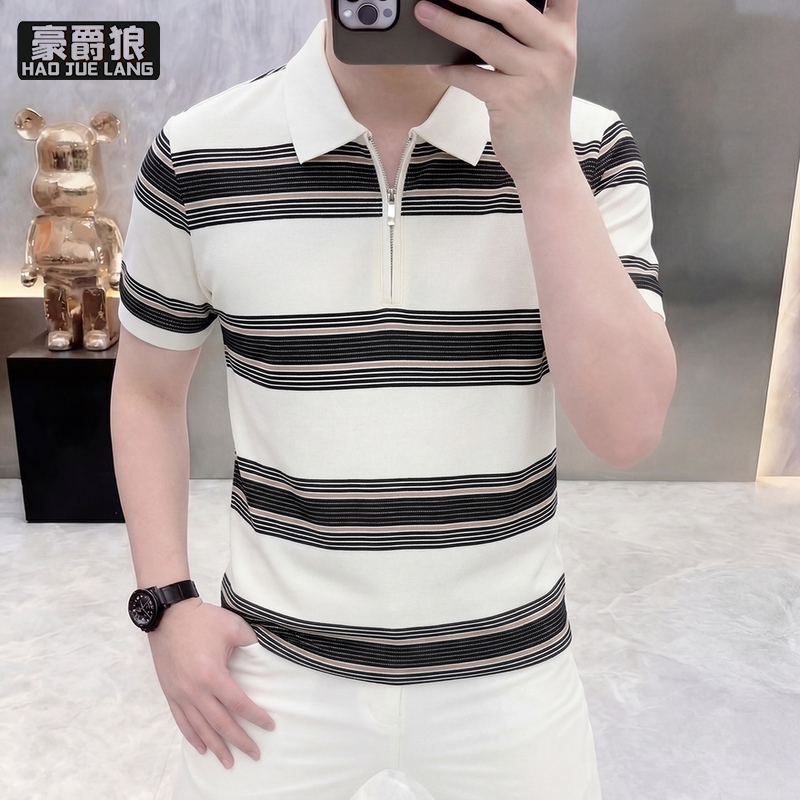 13633509.男士短袖翻领POLO衫夏季新款条纹半拉链凉感冰丝半袖T恤上衣服潮