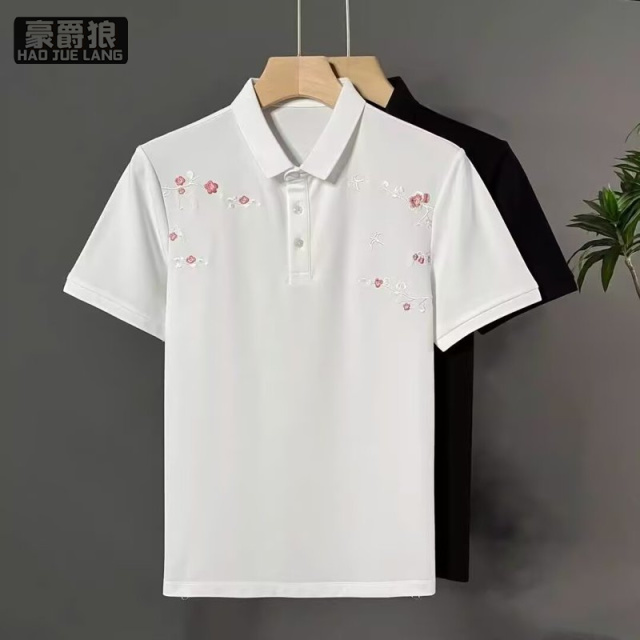 13633552.轻奢刺绣翻领POLO衫男士夏季新款国风短袖修身潮流百搭T恤上衣男