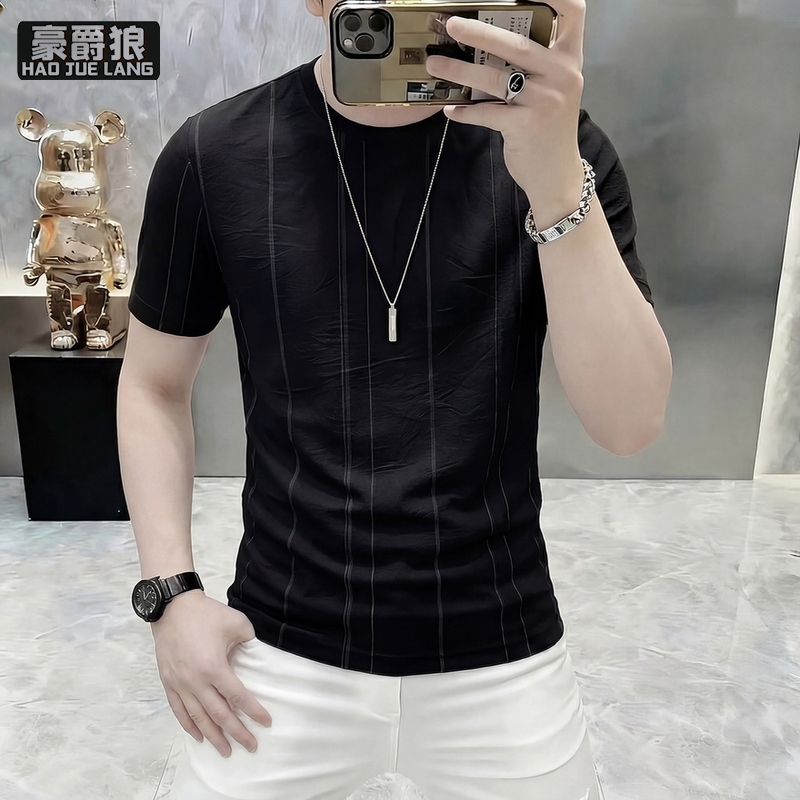 13633533.高档男士短袖t恤夏季新款棉麻薄款上衣修身半袖体恤圆领潮流衣服