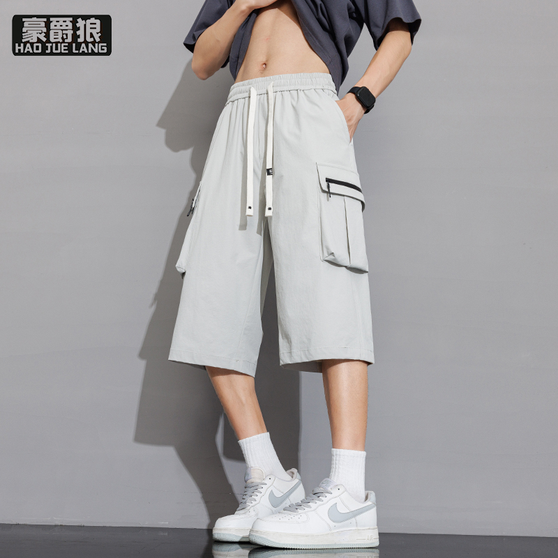 13633592.夏季薄款七分工装裤男宽松休闲冰丝速干大码短裤男款大口袋中裤