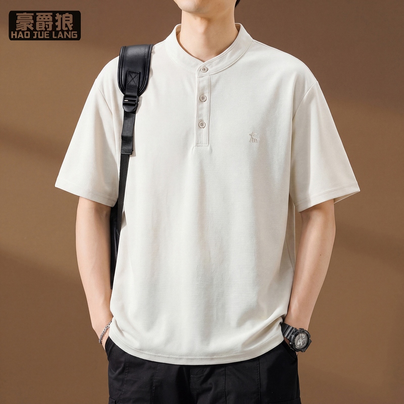 13633558.亨利领短袖t恤男士夏季棉麻冰丝刺绣POLO衫休闲薄款凉感体恤半袖