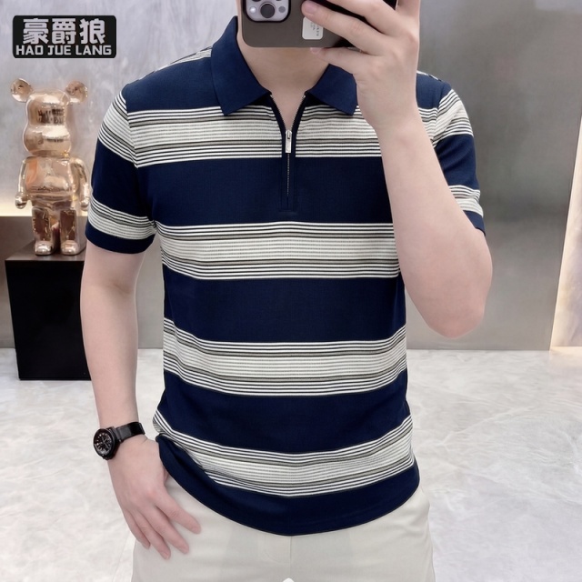 13633509.男士短袖翻领POLO衫夏季新款条纹半拉链凉感冰丝半袖T恤上衣服潮