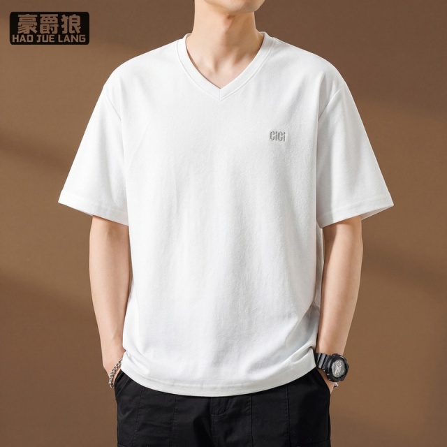 13633568.v领短袖t恤男夏季薄款凉感透气白色半袖男装潮流宽松刺绣休闲上衣