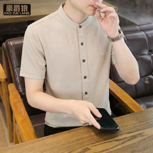 13633528.小立领短袖衬衫男士轻熟风休闲时尚国风衬衣透气夏季寸衫男