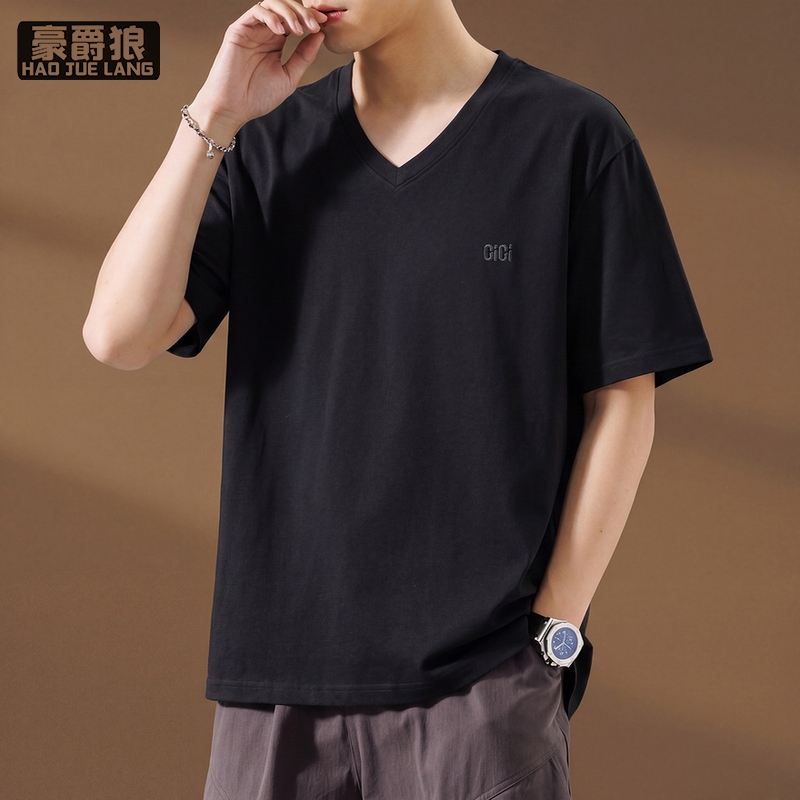 13633568.v领短袖t恤男夏季薄款凉感透气白色半袖男装潮流宽松刺绣休闲上衣