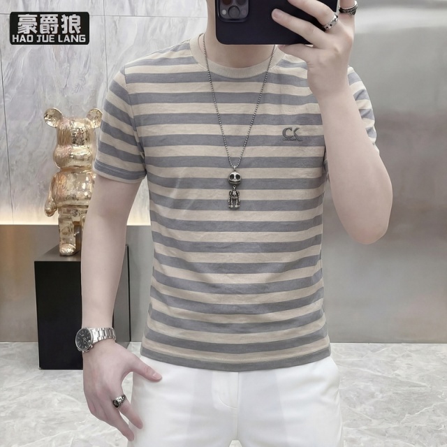13633532.条纹短袖T恤男夏季仿棉麻圆领半袖t薄款休闲修身上衣冰丝刺绣体恤