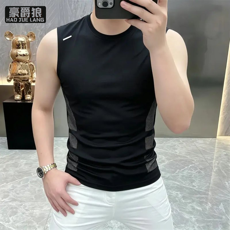 13633559.冰丝凉感黑色背心男款夏季潮流痞帅坎肩透气无袖T恤健身运动上衣