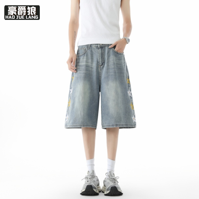 13633512.美式星星刺绣水洗牛仔七分裤男女宽松直筒休闲阔腿百搭高街短裤子