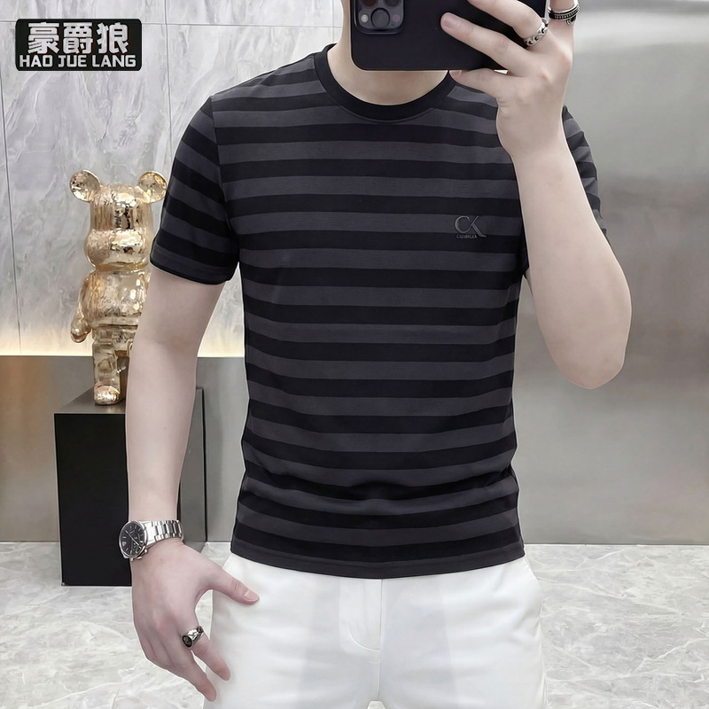 13633532.条纹短袖T恤男夏季仿棉麻圆领半袖t薄款休闲修身上衣冰丝刺绣体恤