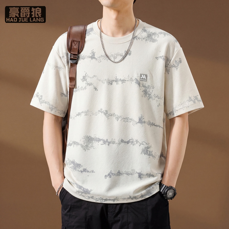 13633530.高端扎染条纹短袖t恤男夏季时尚新款宽松休闲冰丝吊染半袖上衣T