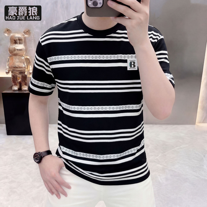 13633535.高端条纹短袖t恤男时尚新款夏季薄款透气潮流提花圆领男士半袖棉