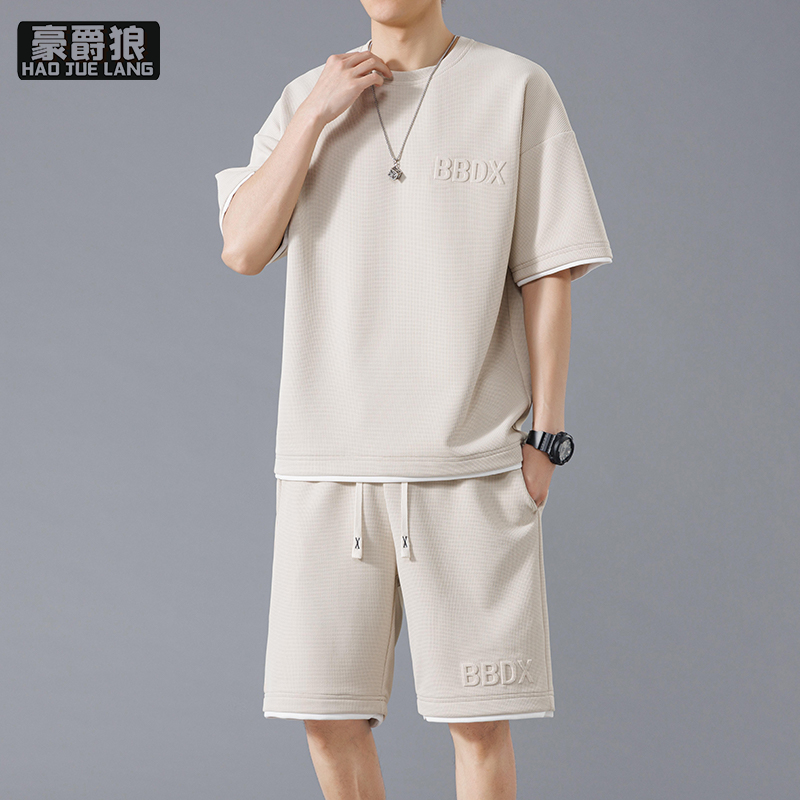 13633580.运动服套装男夏季休闲短袖短裤大码男生酷帅高级穿搭一整套